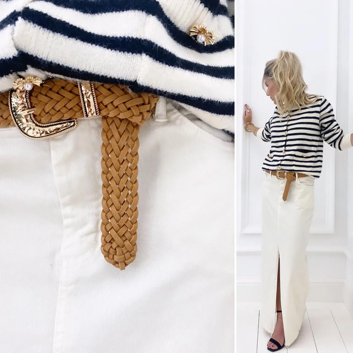 Ceinture camel tressée boucle dorée